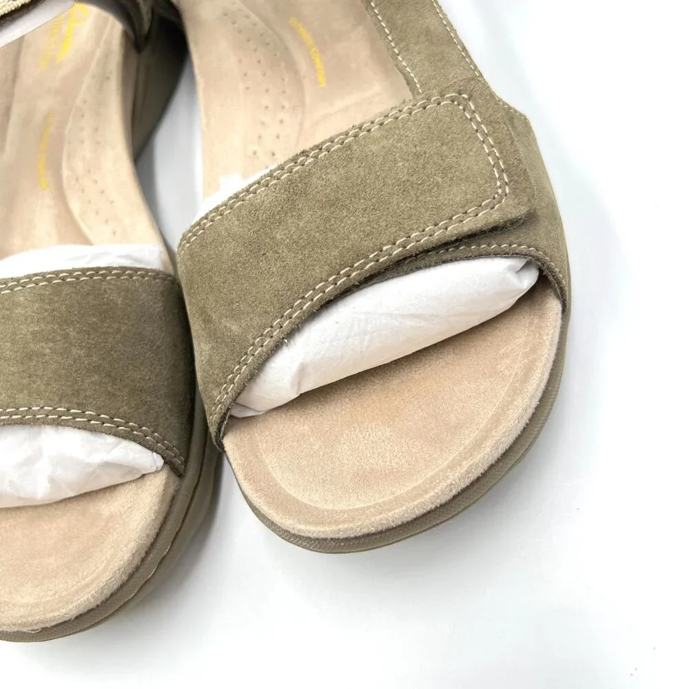 Clarks Womens Size 10 10M Olive Green Suede Leather Sandals Comfort Summer Shoes